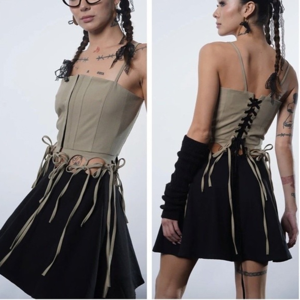 Zemeta Tan Corset Cami Top and Black Mini Skirt Two Piece Set Size M